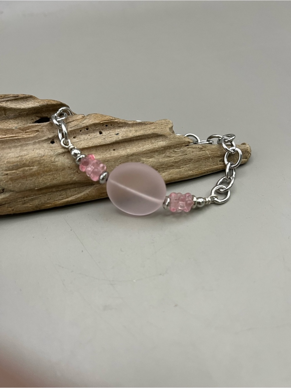 Silver Tone Pink Sea Glass Bead Chain Bracelet | Frosted Glass Boho Balletcore - Picture 2 of 4